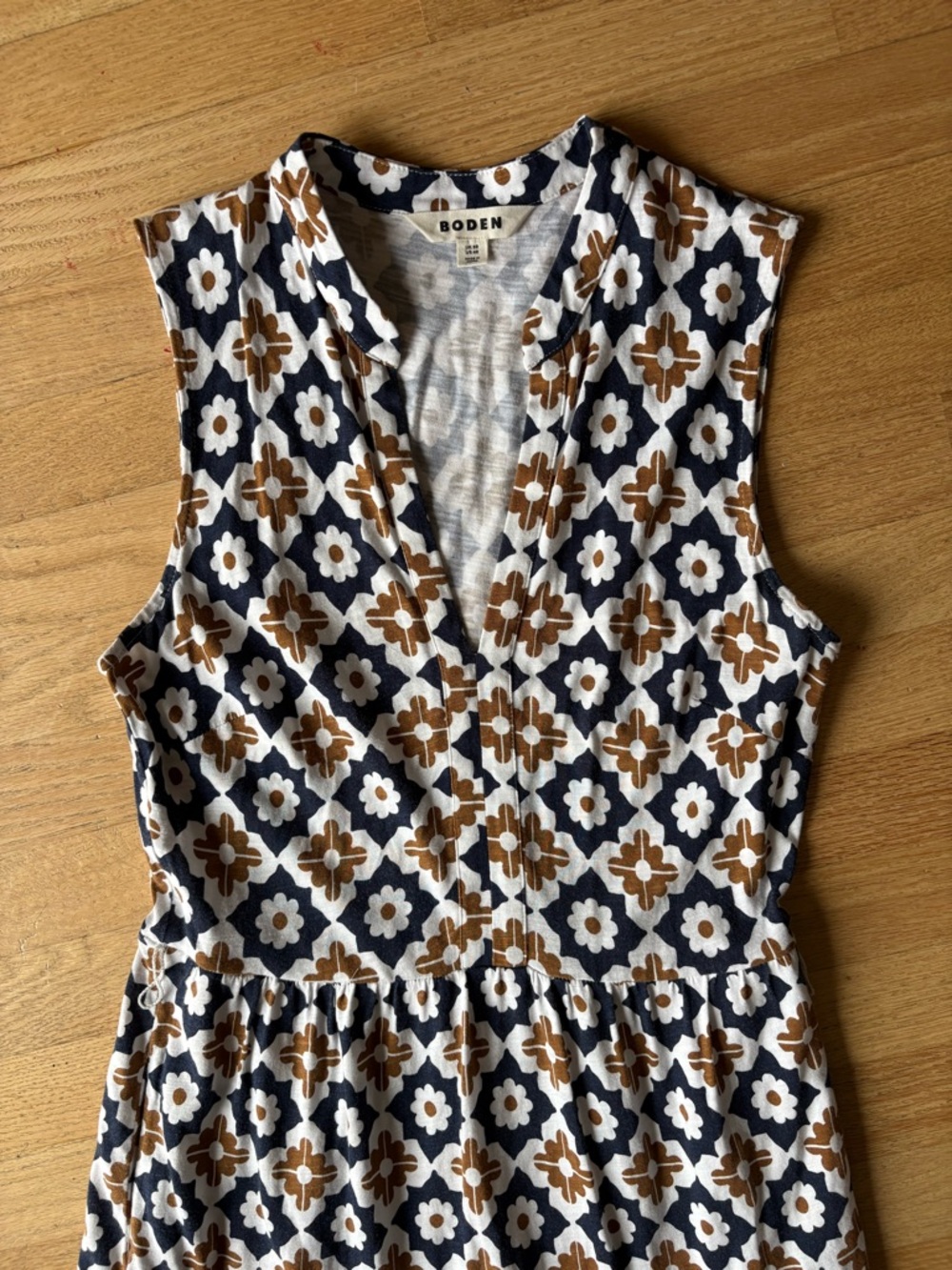 Boden Sleeveless V-Neck Maxi Dress in Navy and Brown Tile Print - Picture 2 of 9